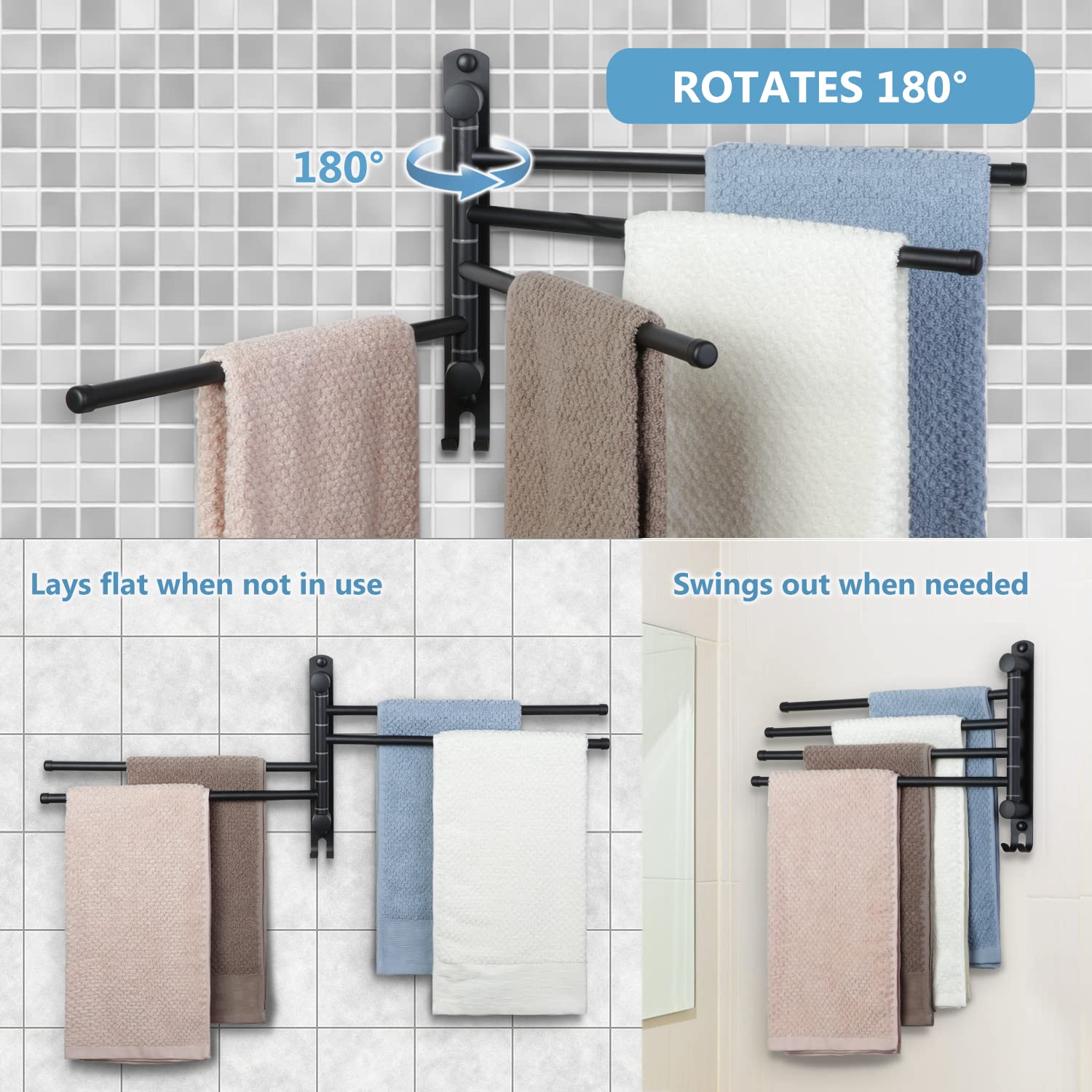 Black Towel Rack JSVER Swivel Towel Rack Wall Mounted  SUS304 Stainless Steel Towel Bar  Space Saving Towel Holder  Towel Racks for Bathroom